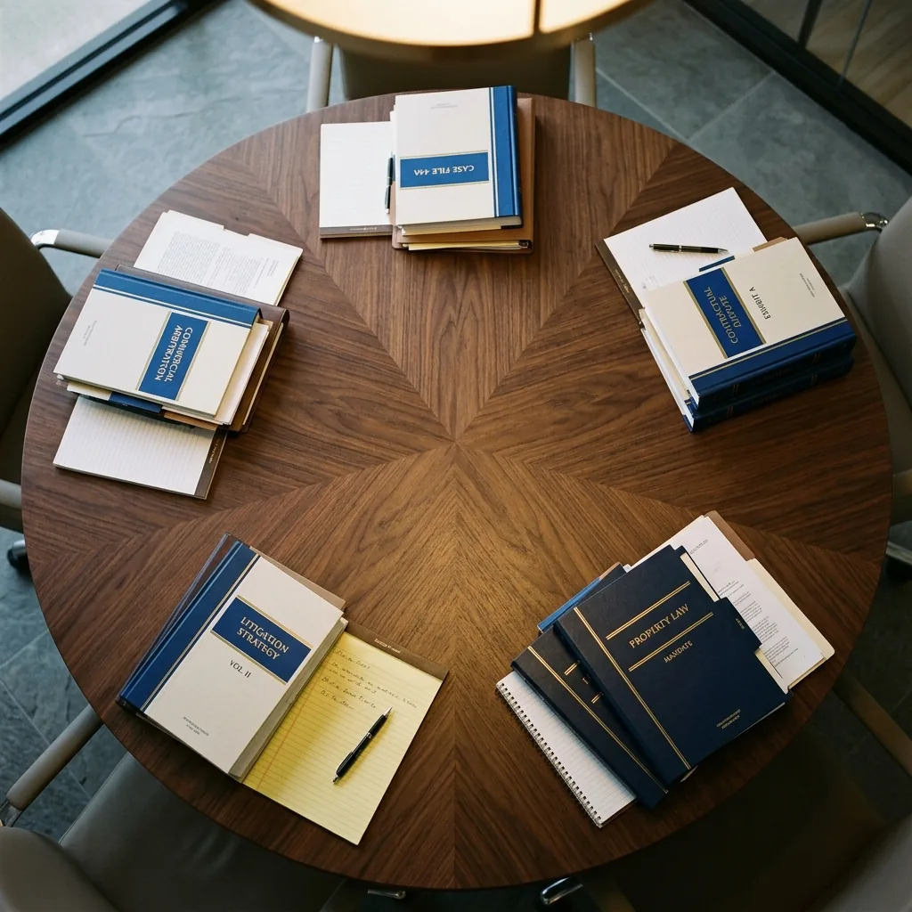 Mesa de reunião com materiais de 5 áreas do Direito convergindo ao centro representando atendimento integrado